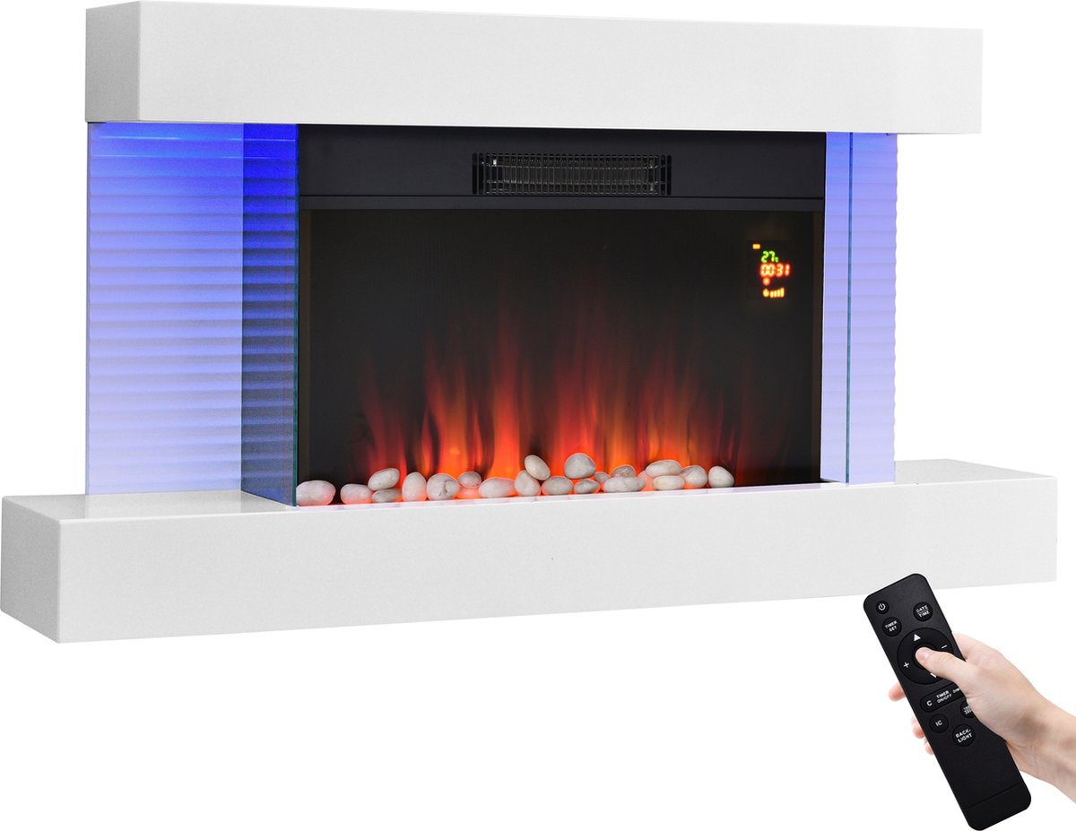 Decoratieve elektrische haard Wandmodel met 13 kleuren achtergrondverlichting - Regelbare warmte 1000/2000W en afstandsbediening - Kachel met kachel Wit 107cm Lengte