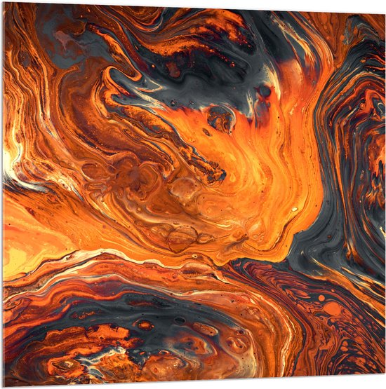 WallClassics - Acrylglas - Oranje/Zwarte Verfmix - 100x100 cm Foto op Acrylglas (Wanddecoratie op Acrylaat)