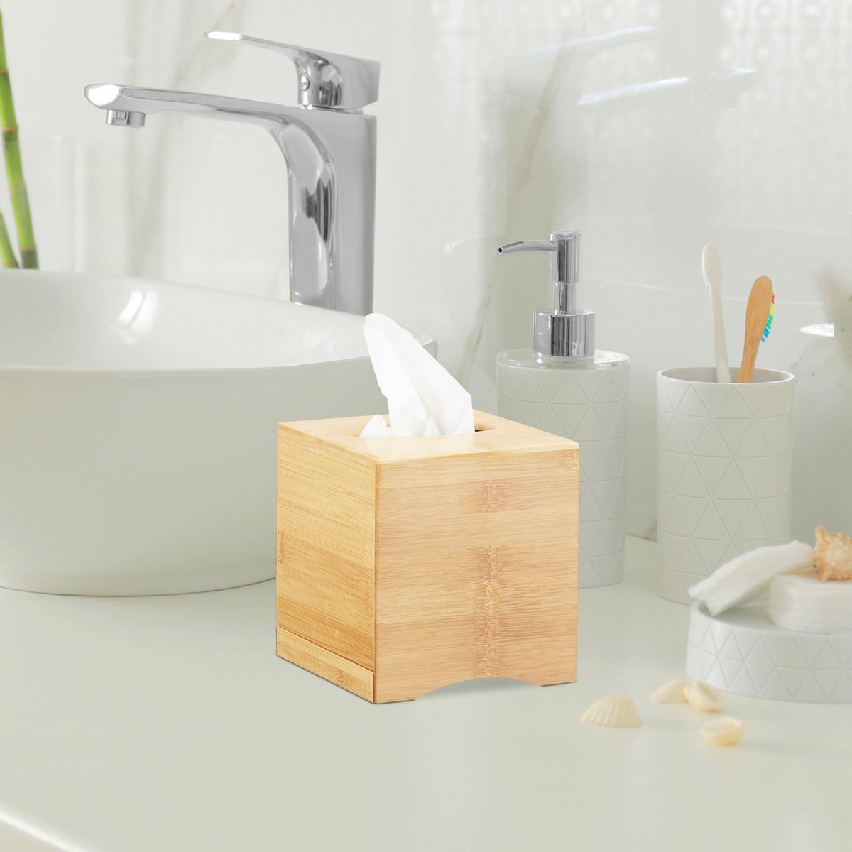 2x tissue box vierkant, HxBxD: 15,5 x 14,5 x 14,5 cm, zakdoekjes houder, tissuehouder hout, zakdoekendoos, natuur