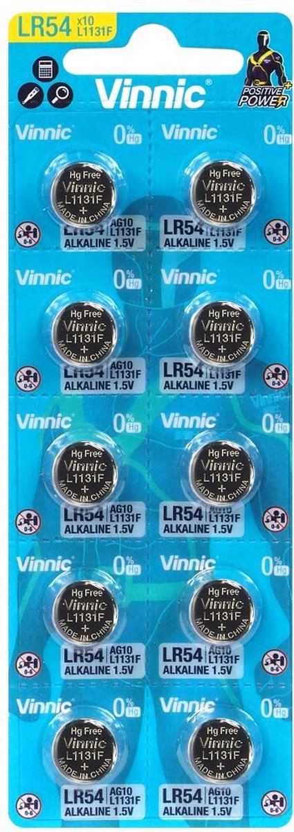 10 Stuks - Vinnic AG10,G10,LF1131,LR54,LR1130 1.5V knoopcel batterij