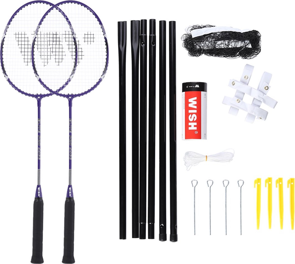 Wish Alumtec badmintonracketset 4466 2 paarse rackets + 3 shuttlecocks + net + lijnen