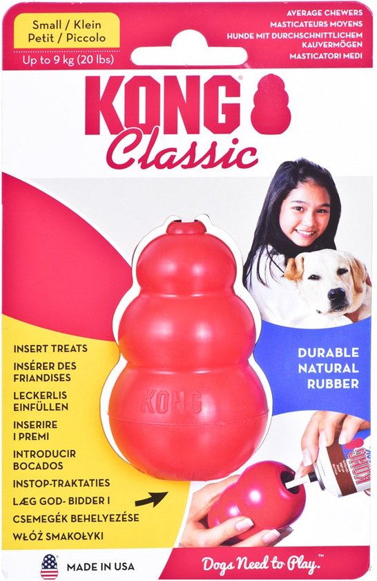 Verpakking van een rood KONG Classic hondenspeeltje, maat S, duurzaam natuurlijk rubber.