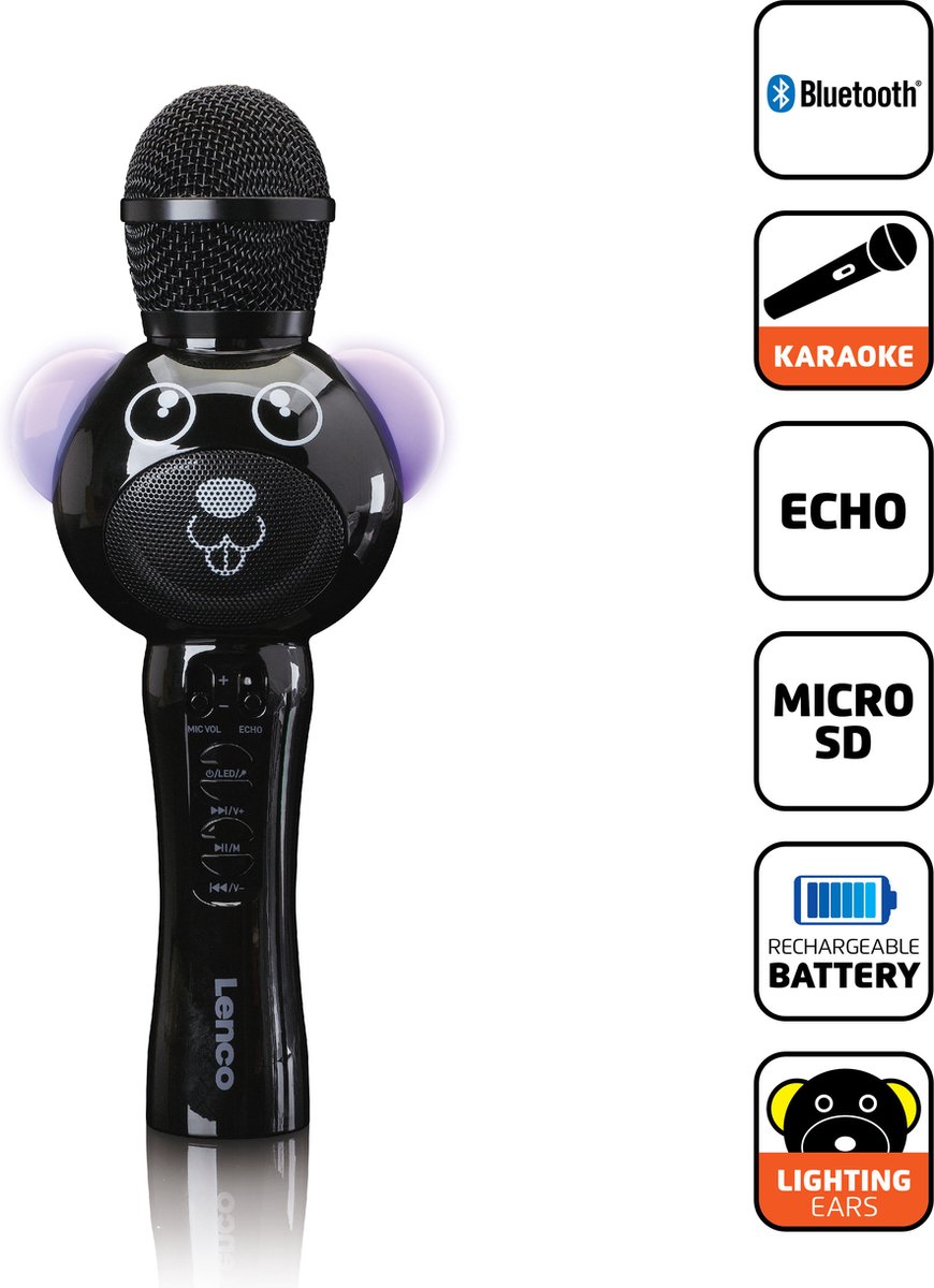 Lenco BMC-120BK - Karaoke microfoon met Bluetooth, SD slot, verlichting, Aux out, zwart