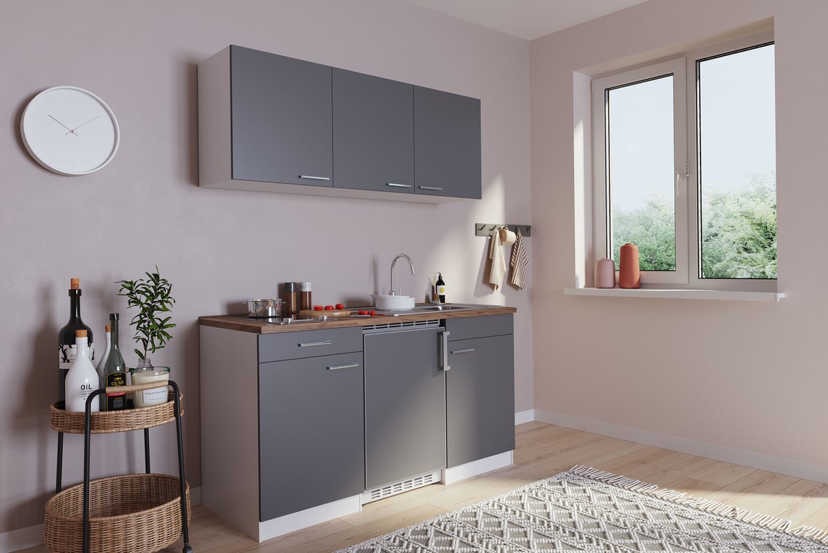 Goedkope keuken 150 cm - complete kleine keuken met apparatuur Luis - Wit/Grijs - keramische kookplaat - koelkast - mini keuken - compacte keuken - keukenblok met apparatuur