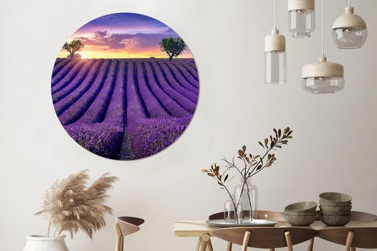 WallCircle - Papier peint cercle - Fleurs - Coucher de soleil - Lavande - Paysage - Arbres - Papier peint rond - Papier peint autocollant - 120x120 cm - Papier peint cercle autocollant - Décoration murale ronde - Papier peint cercle