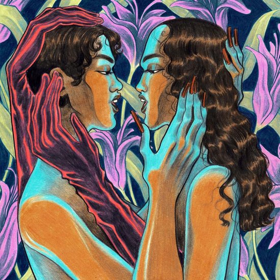 Illustratie van twee personen met een omhelzing, met oranje, blauwe en paarse tinten en bloemen op de achtergrond.