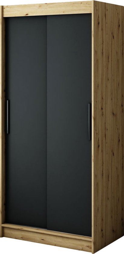 InspireMe - Kledingkast met 2 schuifdeuren, Modern-stijl, Een kledingkast met planken (BxHxD): 100x200x62 - JARED T 100 Artisan Eik + Zwart Mat