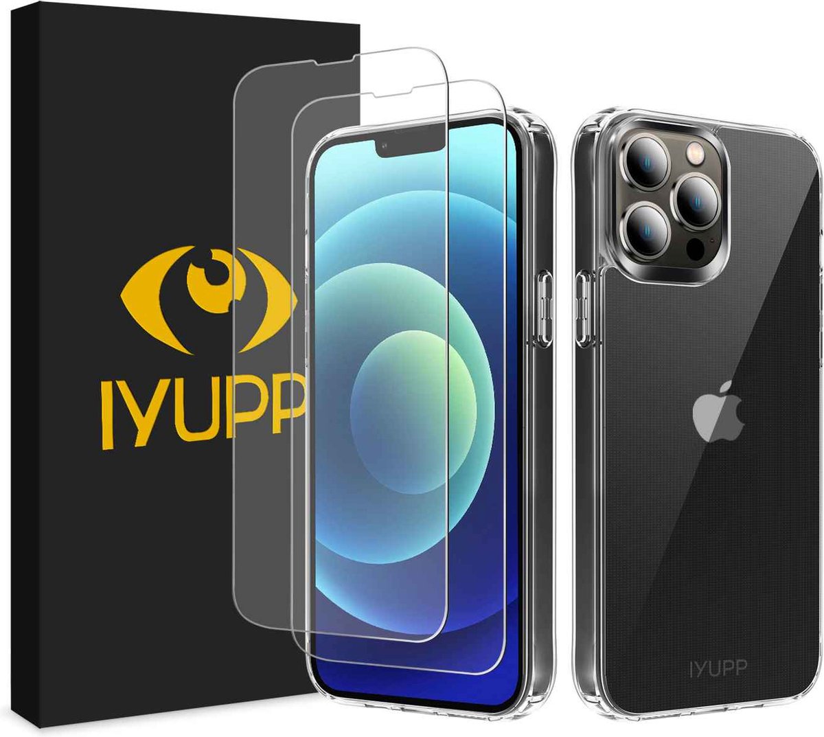 IYUPP Set met Hoesje Transparant en 2 Screenprotectors geschikt voor iPhone 13 Pro Max Hoesje - Met 2 Tempered Glass Screenprotectors - Transparant