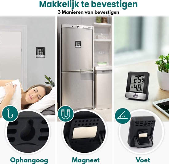 Drie manieren om de thermometer te bevestigen: ophangoog, magneet, en voet. Ook te zien in slaapkamer, keuken en op een bureau.