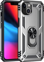 Casemania Hoesje Geschikt voor Apple iPhone 14 Plus Grijs & Glazen Screenprotector - Anti-Shock Hybrid Armor met Kickstand Ring