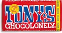 Tony's Chocolonely melkreep met de tekst 'samen maken we chocolade 100% slavernijvrij'. Rode wikkel met blauwe letters.