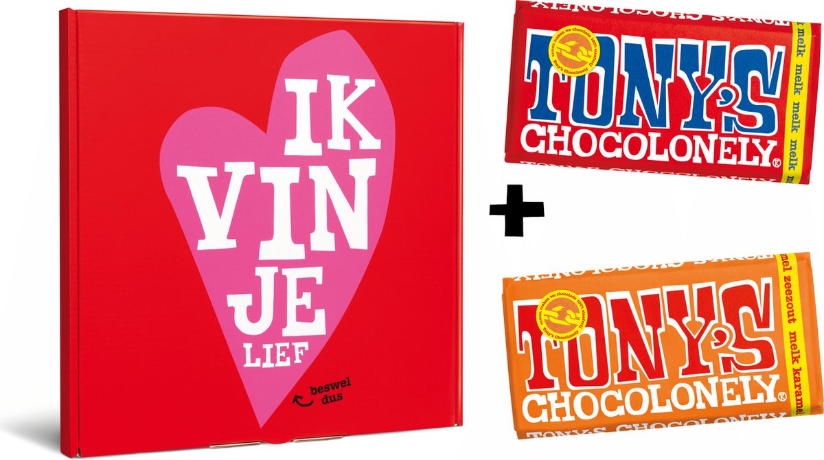 Tony's Chocolonely Ik vind je Lief! - Chocolade Cadeautje - Geschenkset met 2 Smaakvolle Chocolade Kadootjes - Melk Chocolade en Melk Karamel Zeezout - 360 Gram