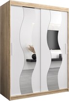 InspireMe - Kledingkast met 2 schuifdeuren, Modern-stijl, Een kledingkast met planken en een spiegel (BxHxD): 150x200x62 - REESE 150 Sonoma Eik + Wit Mat