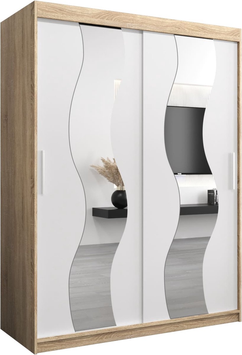 InspireME Kledingkast met 2 schuifdeuren, Modern-stijl, Een kledingkast met planken en een spiegel (BxHxD): 150x200x62 - REESE 150 Sonoma Eik + Wit Mat