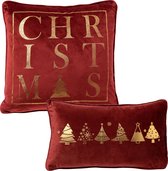 Set van 2 kerst sierkussens - rood en goud - 1x CHRISTMAS - 1x TREES - inclusief polyester vulling - zachte stoffen - sfeerkussens - kerstboom - Dutch Decor