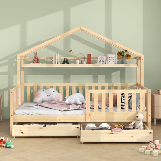 Lit cabane enfant avec lit gigogne/fenêtre et toit - Lit superposé en bois  160x80CM