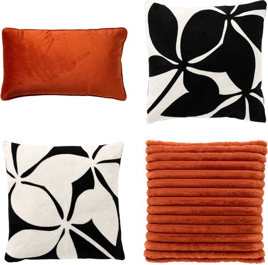 Set van 4 sierkussens - zwart - wit - oranje - ELINA - ELINA - HAZEL - FINN - inclusief vulling - luxe en zachte stoffen