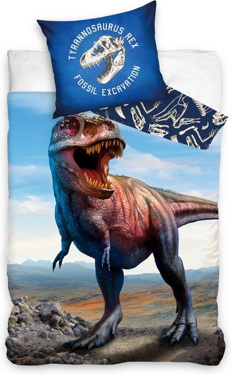 1-persoons kinder / jongens dekbedovertrek (dekbed hoes) “T-Rex” blauw met gevaarlijk brullende dino / dinosaurus Tyrannosaurus Rex in berglandschap met stenen, rotsen en fossielen 100% KATOEN eenpersoons 140 x 200 cm (cadeau idee!)