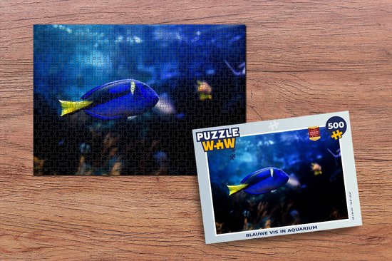 Puzzle de 500 pièces représentant un poisson bleu à queue jaune dans un aquarium.
