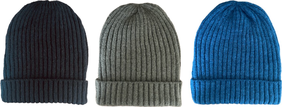 ASTRADAVI Beanie Hats - Muts - Warme Skimutsen Set Hoofddeksels - 3 Stuks Trendy Winter Mutsen - Zwart, Grijs, Blauw