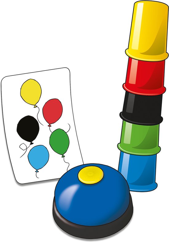 Een stapel van zes gekleurde bekers (geel, rood, zwart, groen, blauw) met een blauwe bel en een kaart met vijf ballonnen.