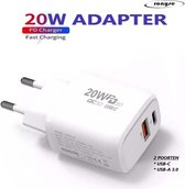 PD-20W 3.0 Adapter - 2 Poorten - 1 Stuk - USB C Adapter - Universeel - USB-C & USB-A - Wit - Fast Adapter