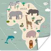 Afrika - Wereldkaart - Kinderen - Dieren - Jongens - Blauw - Kids - 75x75 cm - Poster