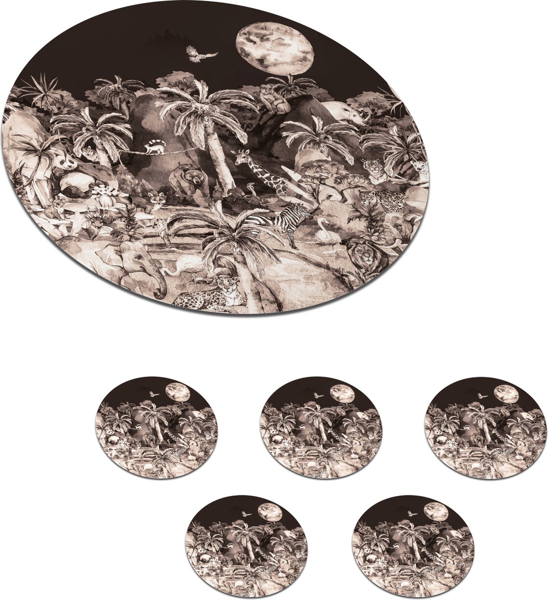 Onderzetters voor glazen - Rond - Jungle - Dieren - Kinderen - Bomen - Planten - 10x10 cm - Glasonderzetters - 6 stuks