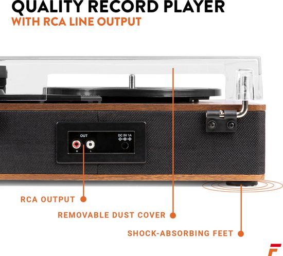 Achterkant van een platenspeler met RCA-uitgangen, DC-stroomingang en schokabsorberende voetjes.