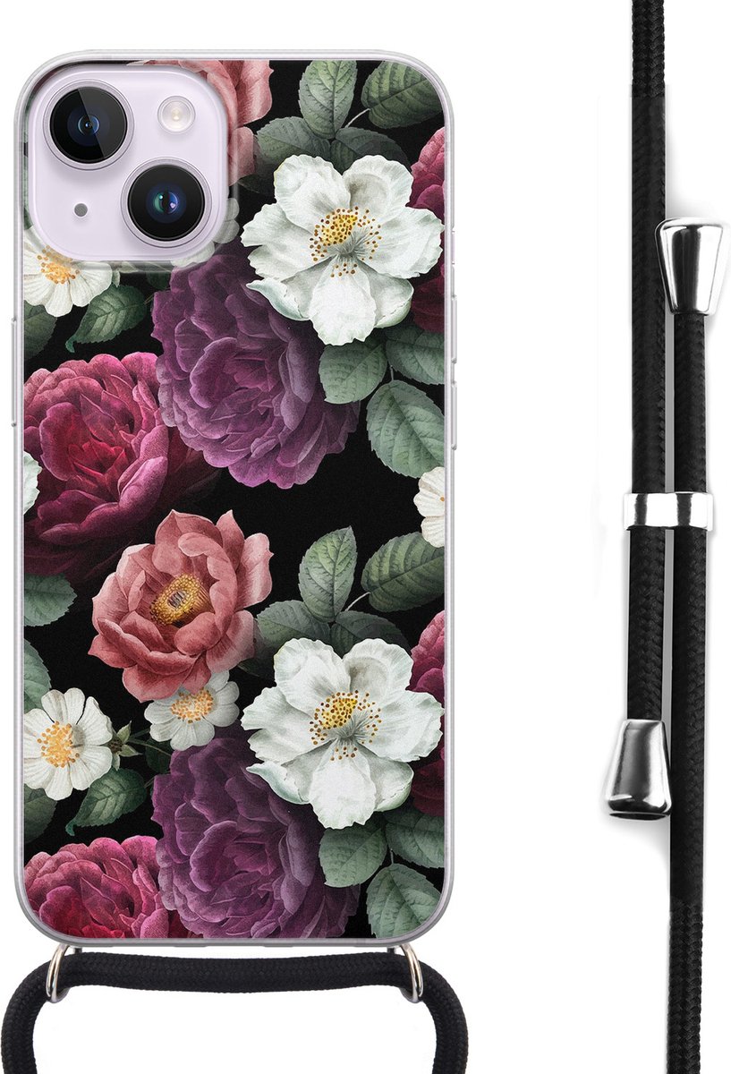 Hoesje met koord - Geschikt voor iPhone 14 - Flowers - Verstelbaar zwart koord - Transparant, Multi - Bloemen - Leuke Telefoonhoesjes