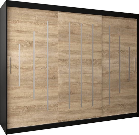 InspireMe - Kledingkast met 3 schuifdeuren, Modern-stijl, Een kledingkast met planken (BxHxD): 250x200x62 - MALTESE 250 Zwart Mat + Sonoma Eik