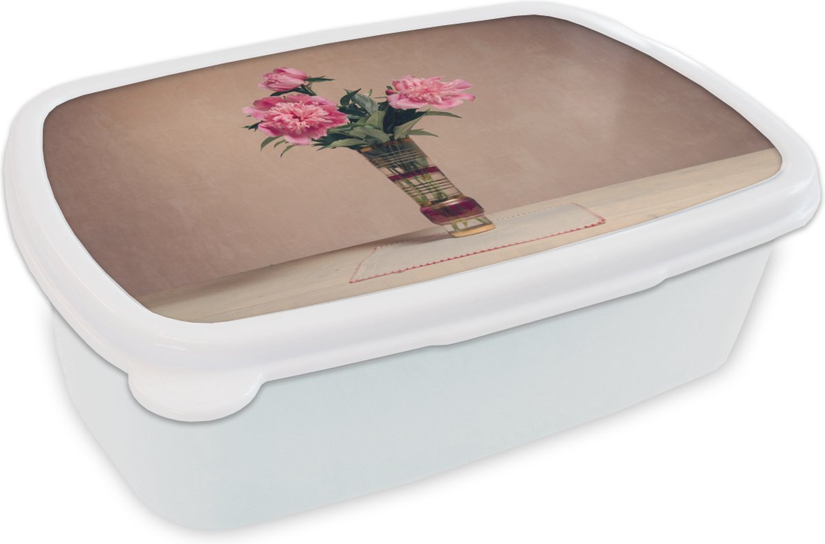 Broodtrommel Wit - Lunchbox - Brooddoos - Retro - Pioenrozen - Stilleven - 18x12x6 cm - Volwassenen