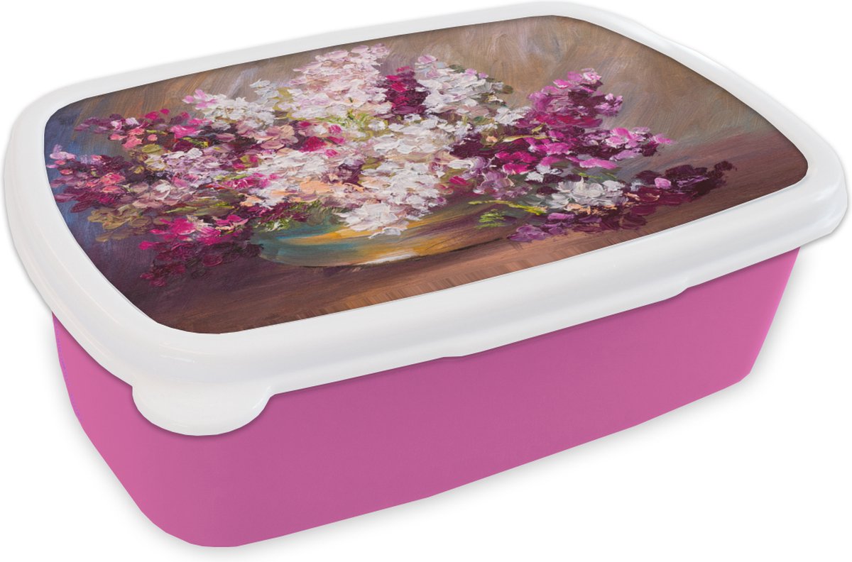 Broodtrommel Roze - Lunchbox - Brooddoos - Olieverf - Lilac - Kleuren - 18x12x6 cm - Kinderen - Meisje