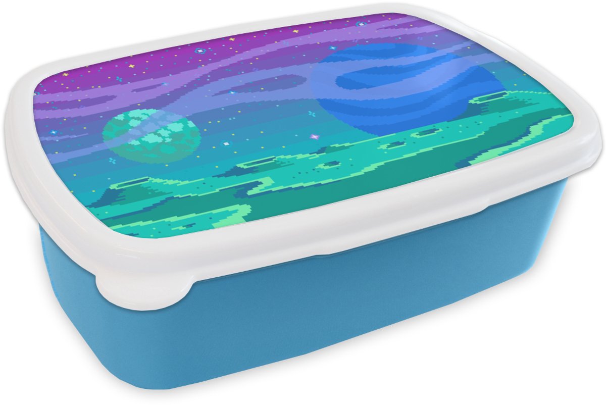 Broodtrommel Blauw - Lunchbox - Brooddoos - Gaming - Pixel Art - Maan - 18x12x6 cm - Kinderen - Jongen