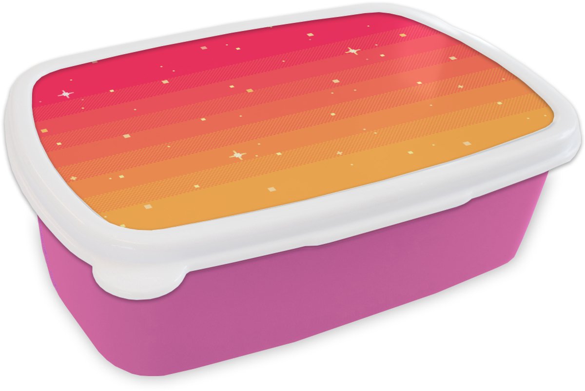 Broodtrommel Roze - Lunchbox - Brooddoos - Gaming - Pixel Art - Sterren - 18x12x6 cm - Kinderen - Meisje