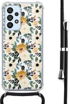 Hoesje met koord - Geschikt voor Samsung Galaxy A53 - Lovely flowers - Verstelbaar zwart koord - Crossbody - Bloemen - Transparant, Geel - Leuke Telefoonhoesjes