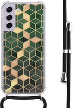 Hoesje met koord - Geschikt voor Samsung Galaxy S21 FE - Groen kubus - Verstelbaar zwart koord - Crossbody - Print / Illustratie - Transparant, Groen - Leuke Telefoonhoesjes