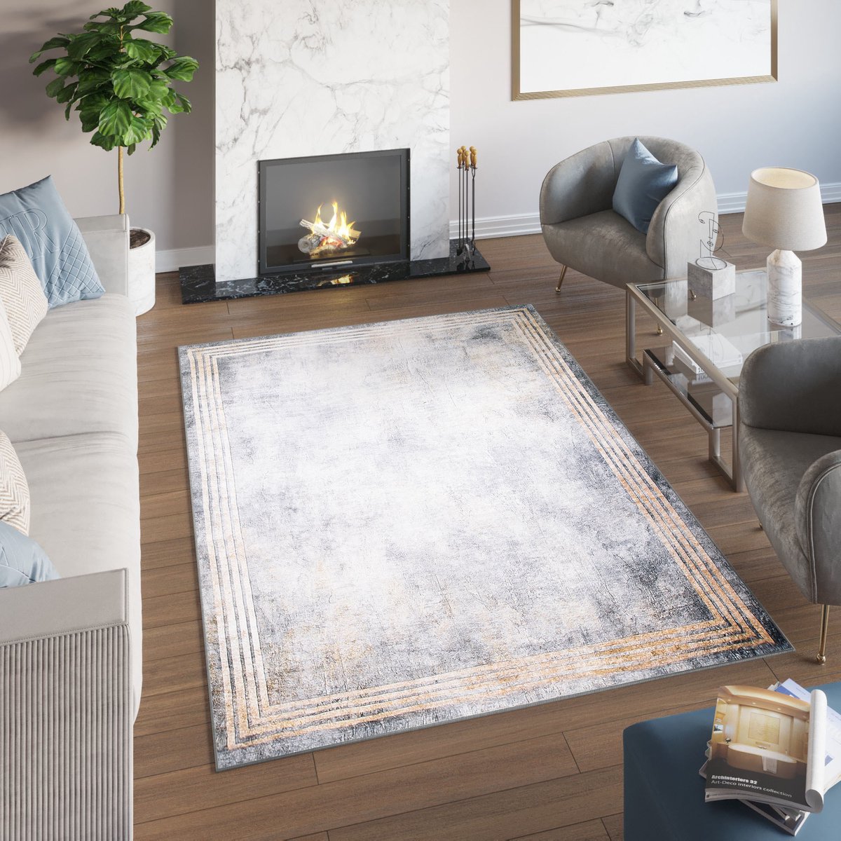 Tapiso Toscana Vloerkleed Gewreven Grijs Gouden Woonkamer Tapijt Maat- 80x200 Lichtgrijs Gouden