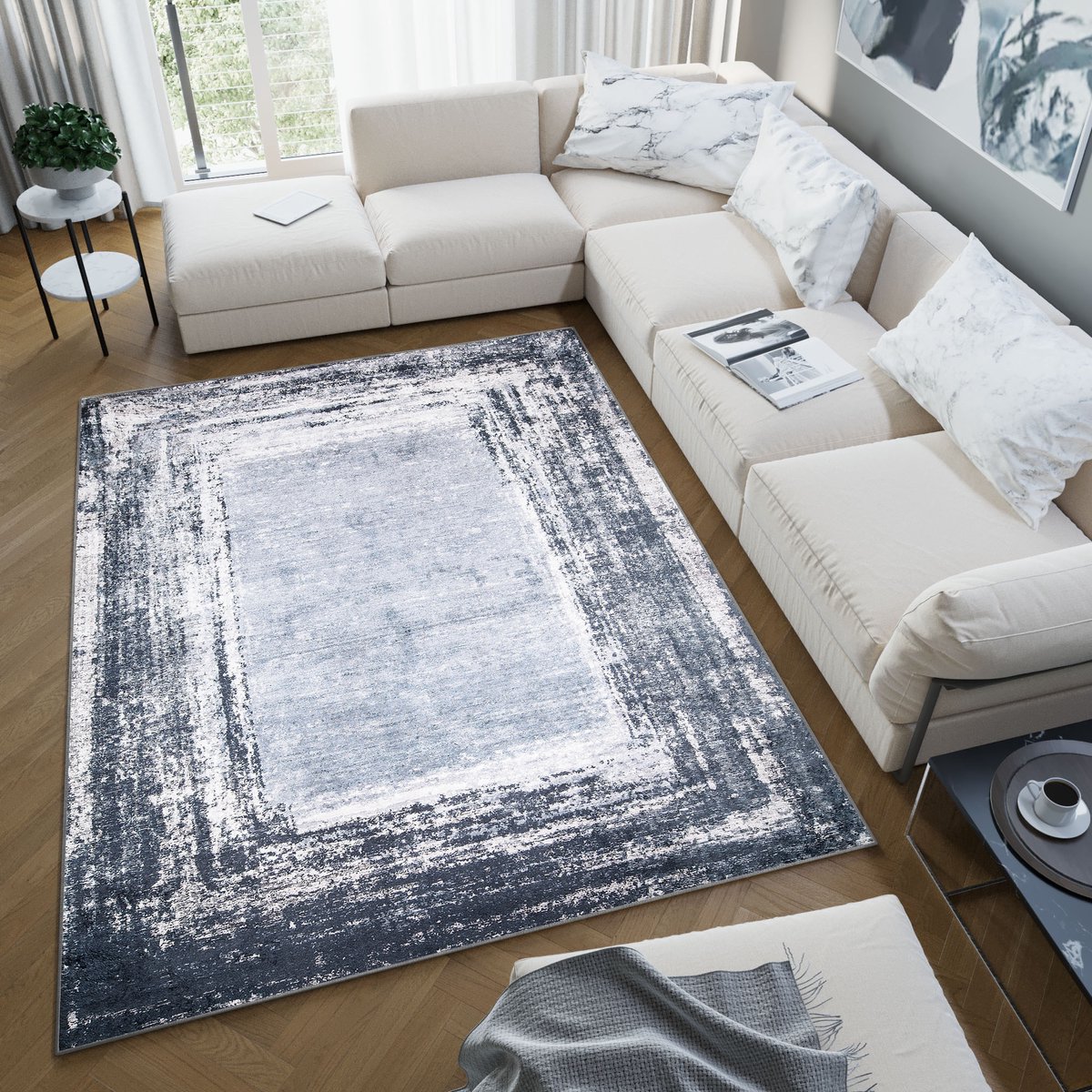Tapiso Toscana Vloerkleed Gewreven Grijs Blauw Antislip Tapijt Maat- 140x200