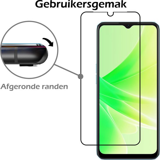 Protecteur d'écran en verre trempé, 'Facilité d'utilisation' et 'Bords arrondis' pour OPPO A17. Montre le téléphone avec un arrière-plan abstrait vert/blanc.