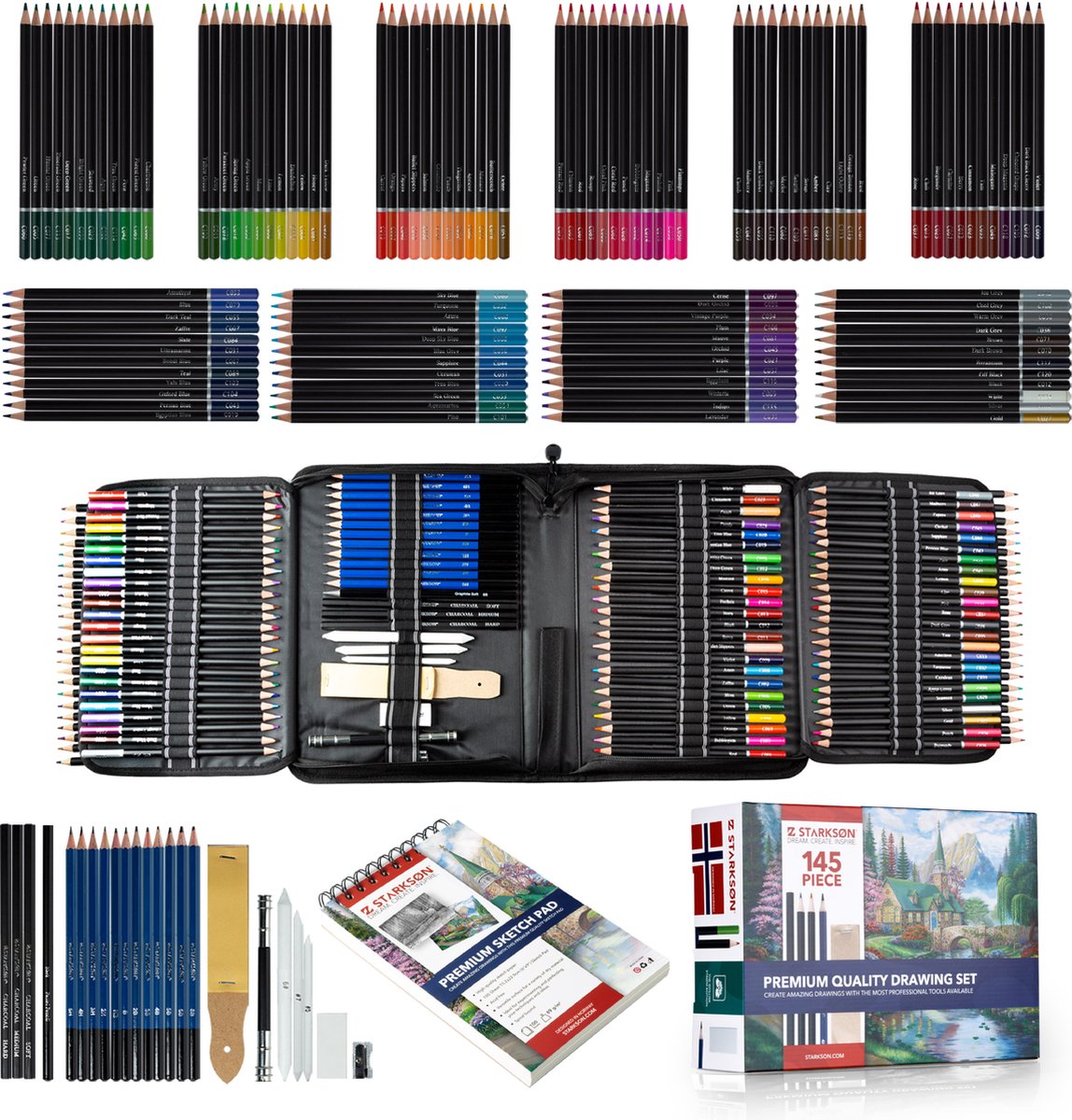STARKSØN 145-Delige Teken Set Incl. Kleurpotloden, Schets Potloden, Houtskool, Schetsboek, Etui & Accessoires - Blending - Tekendoos Voor Volwassenen & Kinderen