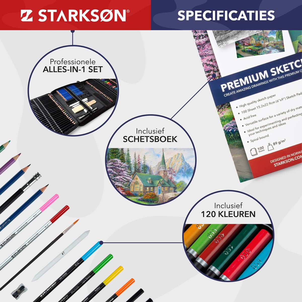 STARKSØN 145-Delige Teken Set Incl. Kleurpotloden, Schets Potloden, Houtskool, Schetsboek, Etui & Accessoires - Blending - Tekendoos Voor Volwassenen & Kinderen — afbeelding 2