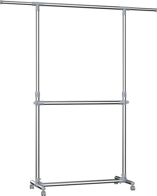 Signature Home Morlaix Kapstok - Kledingrek - Uitschuifbare kledingrek - 2 stangen - Kapstok op wielen - In hoogte verstelbaar van 113 tot 198 cm - RVS verzinkte buizen - grijs