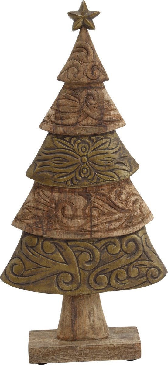PTMD houten kerstboom 65 cm mangohout handgemaakt - Xmas Triva naturel mango wood carved tree statue L