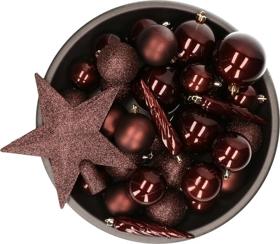 Set de 33 x boules de Noël en plastique avec pic étoilé marron acajou mix - Incassable - Décorations de Noël/ décorations d'arbres