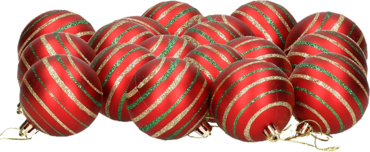 18x stuks gedecoreerde kerstballen rood kunststof diameter 6 cm - Kerstboom versiering