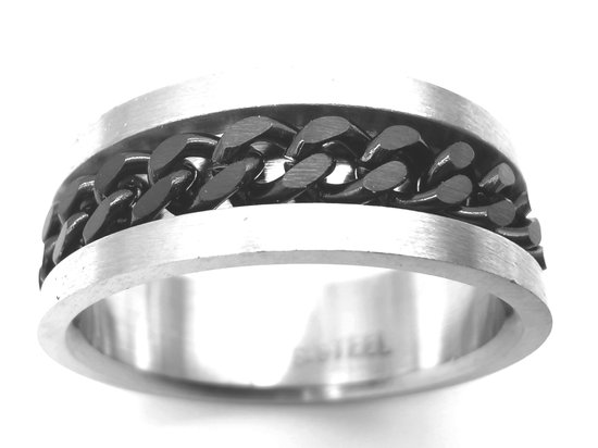 Stoer - RVS - stress - ring - maat 17 - zwart - schakel ketting - in het midden die je mee kan draaien ( Anti stress ringen )