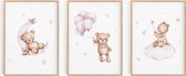 No Filter Babykamer posters set - 3 stuks - 30x40 cm - Kinderkamer decoratie - Teddy beer met ballon - Sterren - Roze