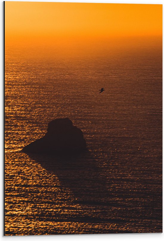 WallClassics - Dibond - Gele Hemel door Zonsondergang boven Zee - 40x60 cm Foto op Aluminium (Wanddecoratie van metaal)