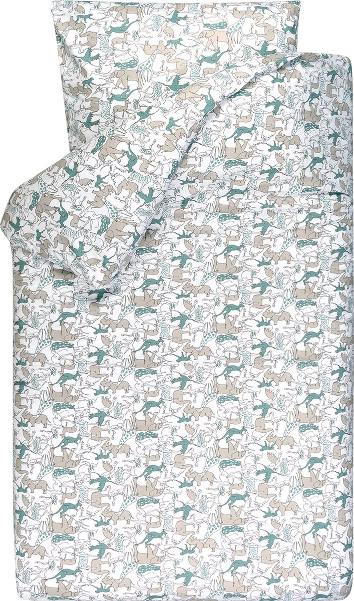 BINK Bedding Dekbedovertrek Safari Junior 120 x 150 cm (+1 kussensloop 60 x 70 cm) - dierenprint - lijntekening - grijs - groen - wit - zwart - olifant - tijger - leeuw - panter - aap - zebra - neushoorn - kangaroo - flamingo - jungle